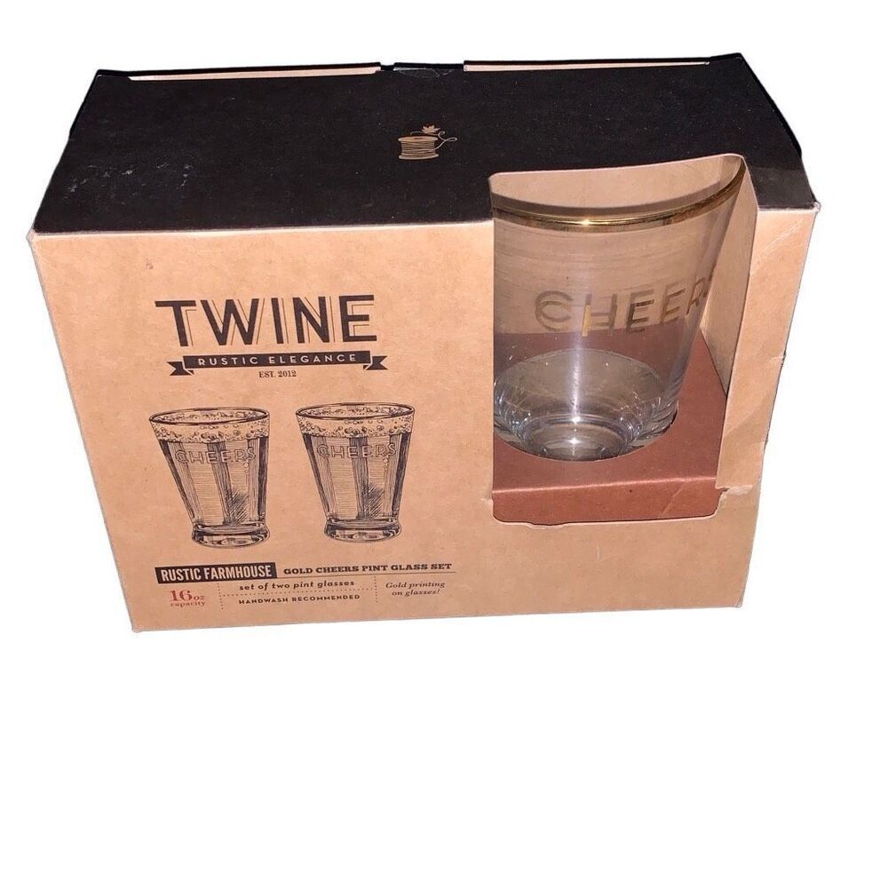 NEW Rustic Farmhouse by Twine Gold Rimmed Cheers Pint Glass Beer Set Lot of 2